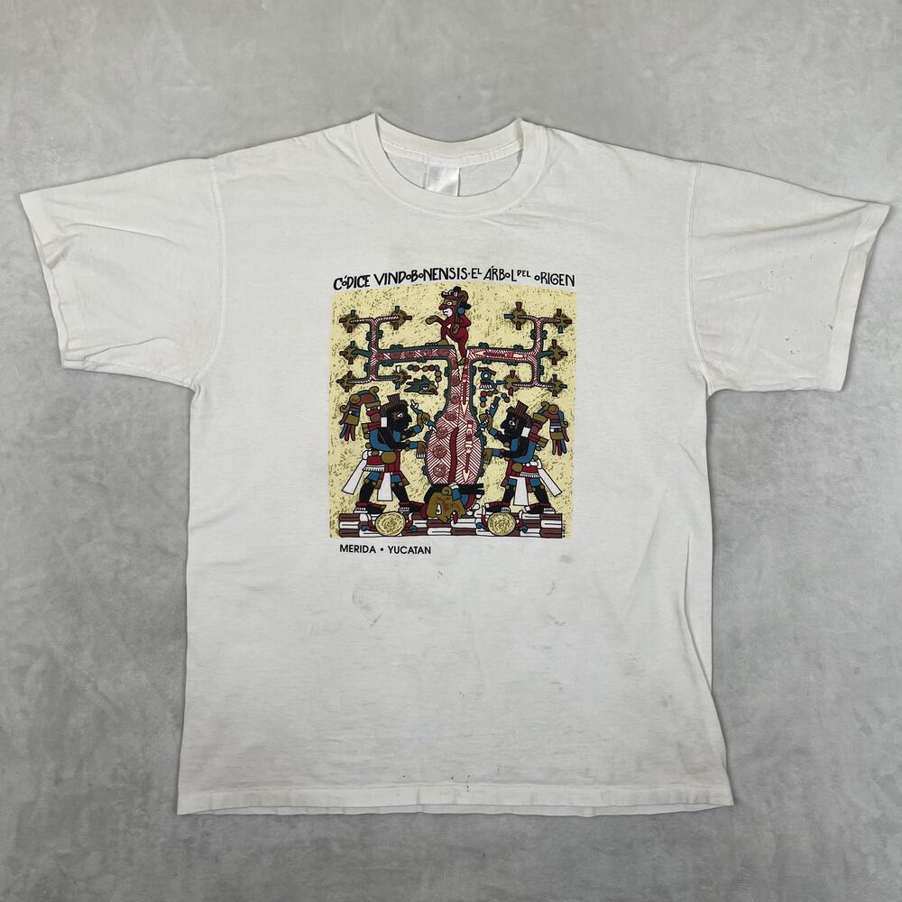 Vintage Merida Yucatan T-Shirt Mens Large White Codice Vindobonensis Art Mexico